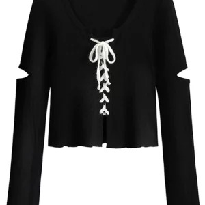 Y2K Aesthetic Lace-Up Long Sleeve T-Shirt - Vintage Korean Fashion Cardigan Top