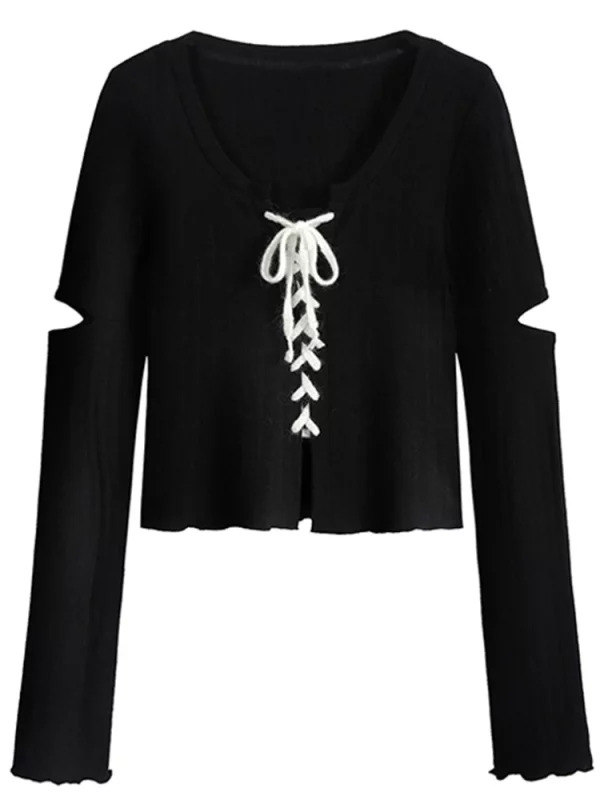 Y2K Aesthetic Lace-Up Long Sleeve T-Shirt - Vintage Korean Fashion Cardigan Top