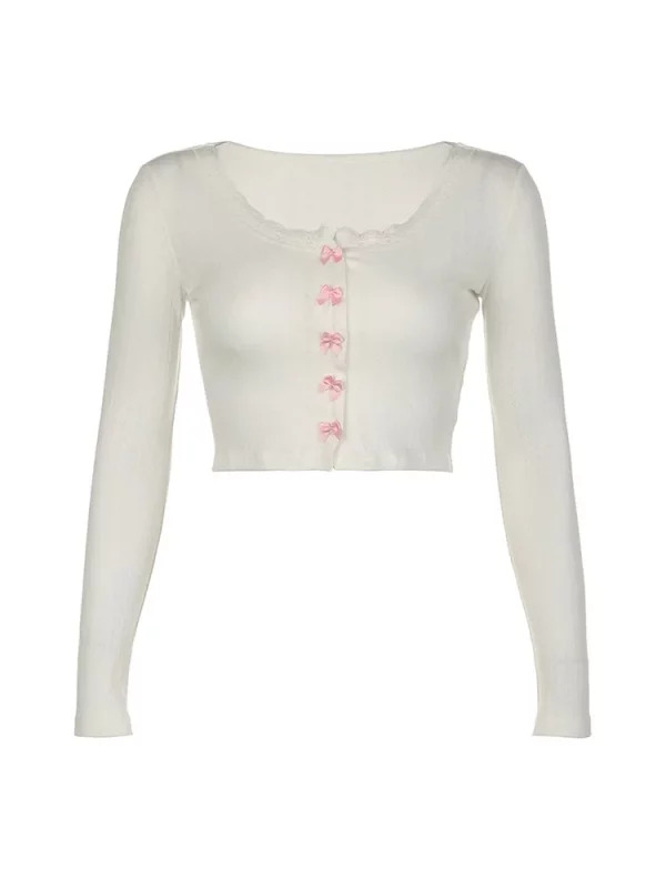 Y2K Aesthetic Long Sleeve Bow Crop Top - Lace Patchwork T-Shirt - Coquette Gyaru Streetwear - Ballet