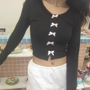 Y2K Aesthetic Long Sleeve Bow Crop Top - Lace Patchwork T-Shirt - Coquette Gyaru Streetwear - Ballet