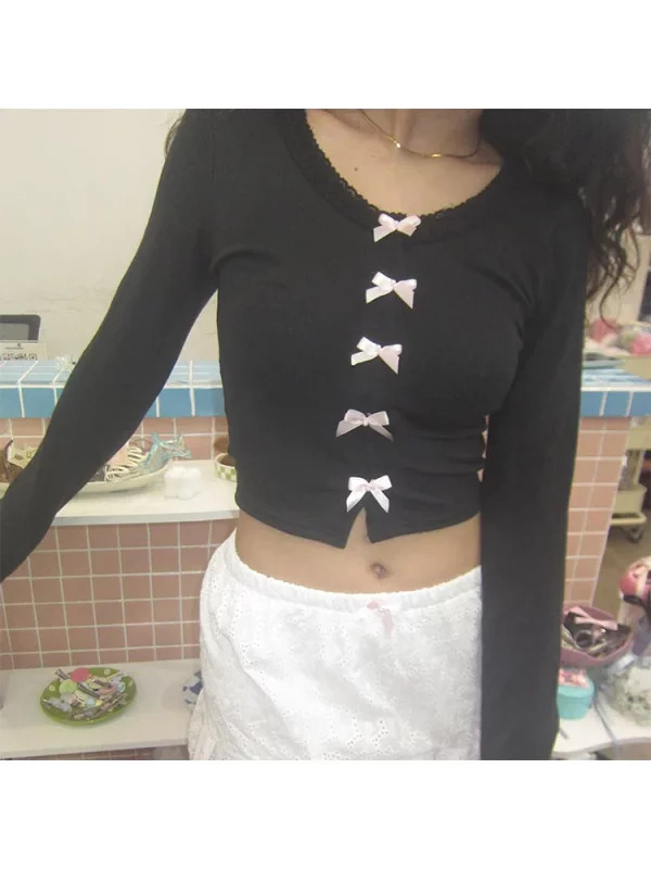 Y2K Aesthetic Long Sleeve Bow Crop Top - Lace Patchwork T-Shirt - Coquette Gyaru Streetwear - Ballet