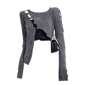 Y2K Aesthetic Long Sleeve Crop Top with Grunge Hollow Out Cardigan - Vintage Sweater for Women