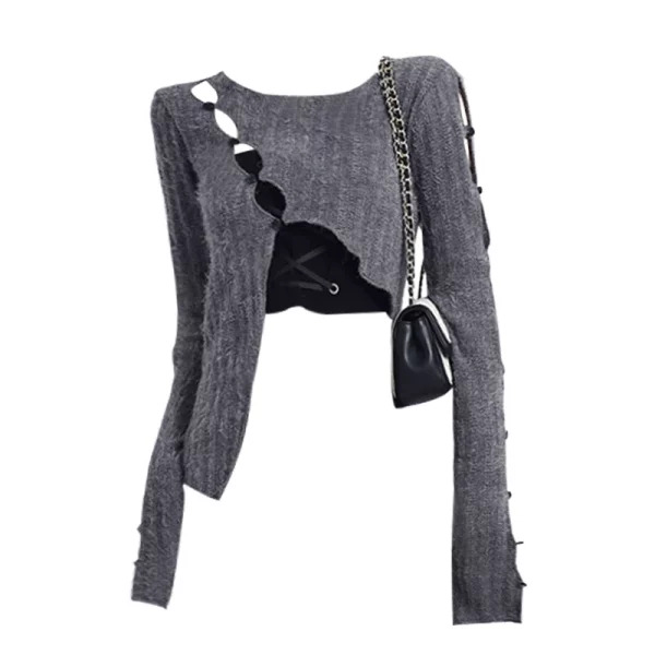 Y2K Aesthetic Long Sleeve Crop Top with Grunge Hollow Out Cardigan - Vintage Sweater for Women