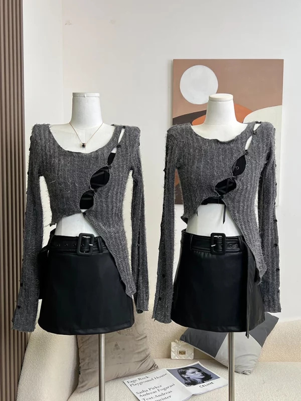 Y2K Aesthetic Long Sleeve Crop Top with Grunge Hollow Out Cardigan - Vintage Sweater for Women