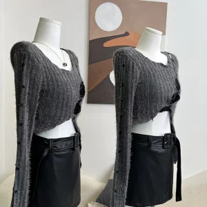 Y2K Aesthetic Long Sleeve Crop Top with Grunge Hollow Out Cardigan - Vintage Sweater for Women