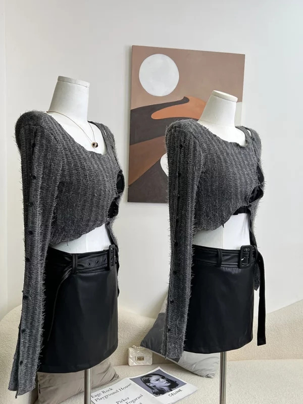 Y2K Aesthetic Long Sleeve Crop Top with Grunge Hollow Out Cardigan - Vintage Sweater for Women