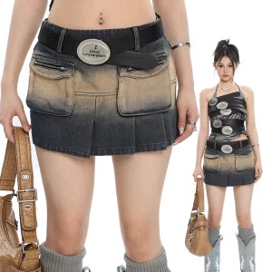 Y2K Aesthetic Low Waisted Mini Denim Skirt - Summer Women's Coquette Pleated Jean - Grunge