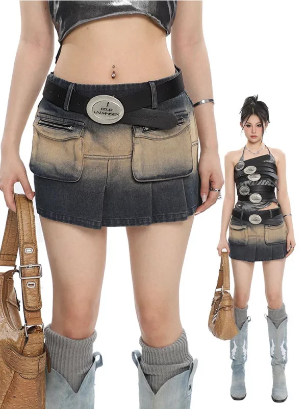 Y2K Aesthetic Low Waisted Mini Denim Skirt - Summer Women's Coquette Pleated Jean - Grunge