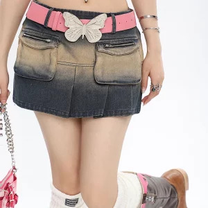 Y2K Aesthetic Low Waisted Mini Denim Skirt - Summer Women's Coquette Pleated Jean - Grunge