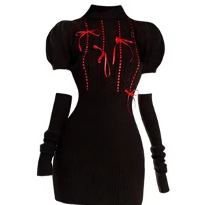 Y2K Aesthetic Mini Turtleneck Bodycon Knit Dress - Gothic 2000s Style