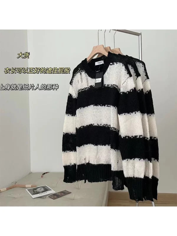 Y2K Aesthetic Oversize Striped Sweater - Baddie Style Harajuku Fashion Pullover