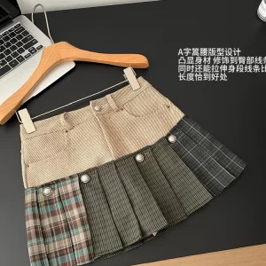 Y2K Aesthetic Patchwork Plaid Mini Skirt with Removable Culottes - Korean Vintage Style