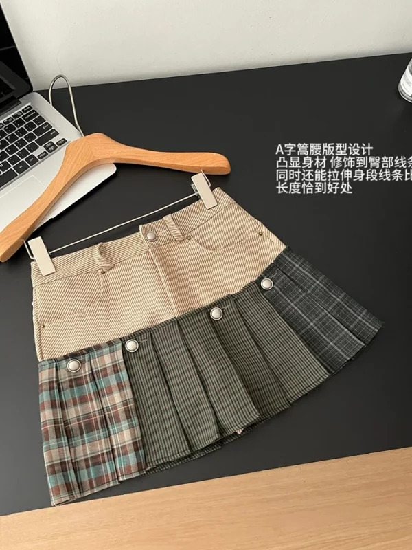 Y2K Aesthetic Patchwork Plaid Mini Skirt with Removable Culottes - Korean Vintage Style