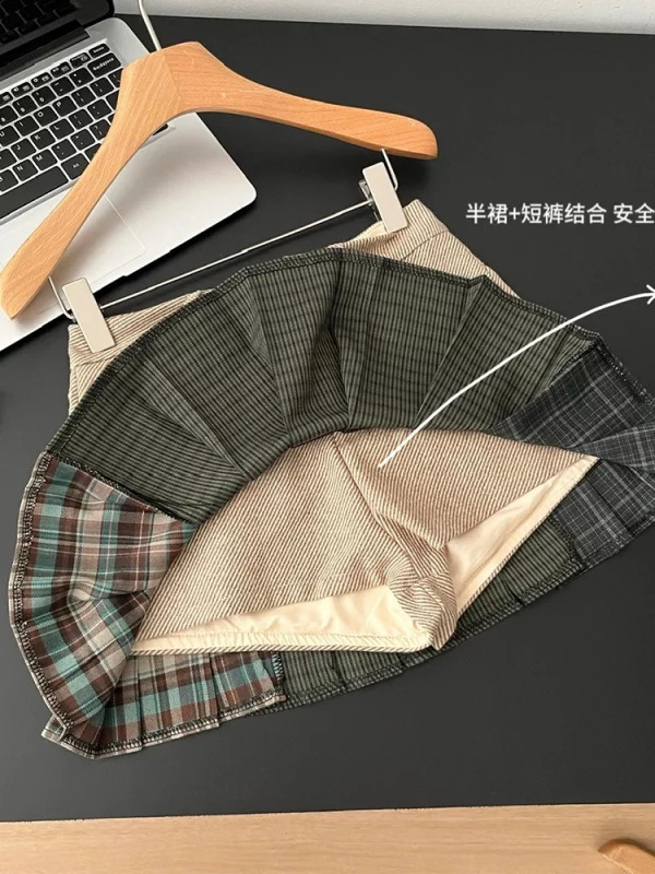 Y2K Aesthetic Patchwork Plaid Mini Skirt with Removable Culottes - Korean Vintage Style