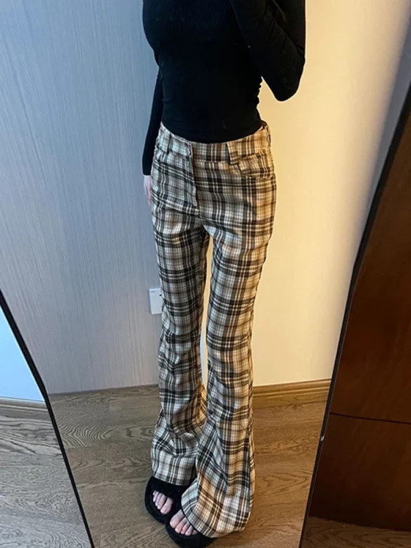 Y2K Aesthetic Plaid Flare Trousers - Japanese Streetwear Retro Style