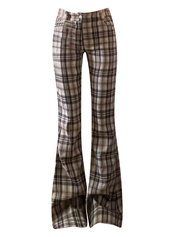 Y2K Aesthetic Plaid Flare Trousers - Japanese Streetwear Retro Style