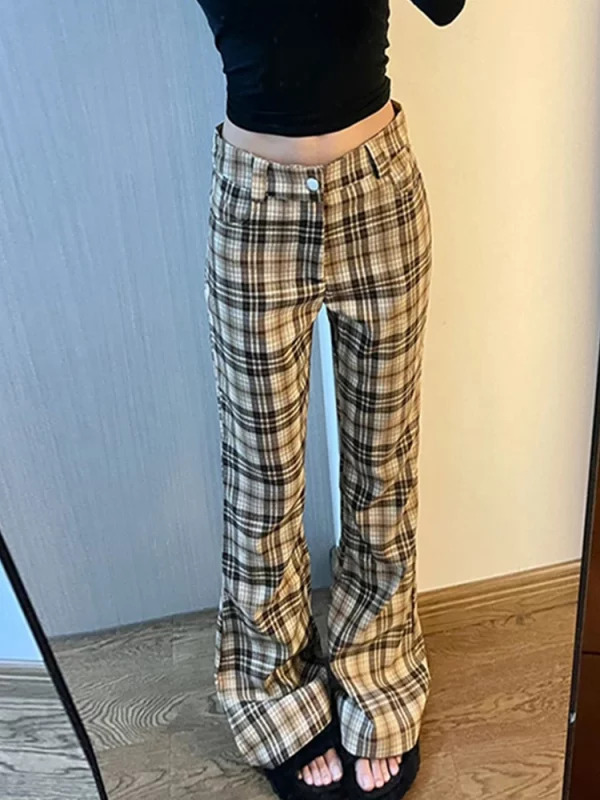 Y2K Aesthetic Plaid Flare Trousers - Japanese Streetwear Retro Style