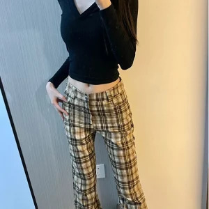 Y2K Aesthetic Plaid Flare Trousers - Japanese Streetwear Retro Style