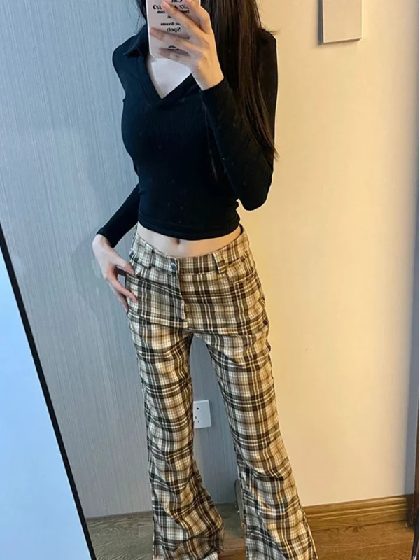 Y2K Aesthetic Plaid Flare Trousers - Japanese Streetwear Retro Style