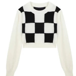 Y2K Aesthetic Plaid Jumper: Vintage Cropped Sweater for Women