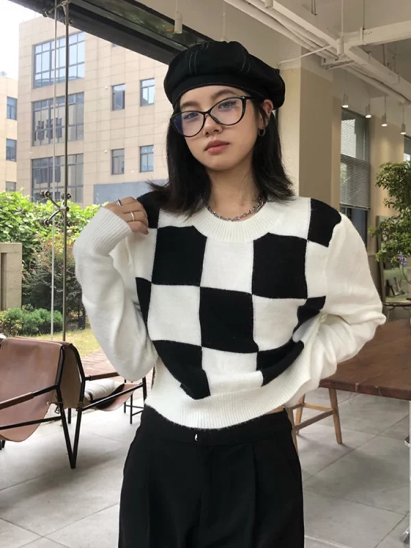 Y2K Aesthetic Plaid Jumper: Vintage Cropped Sweater for Women