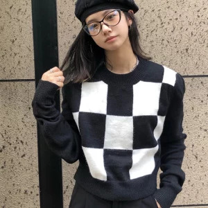 Y2K Aesthetic Plaid Jumper: Vintage Cropped Sweater for Women