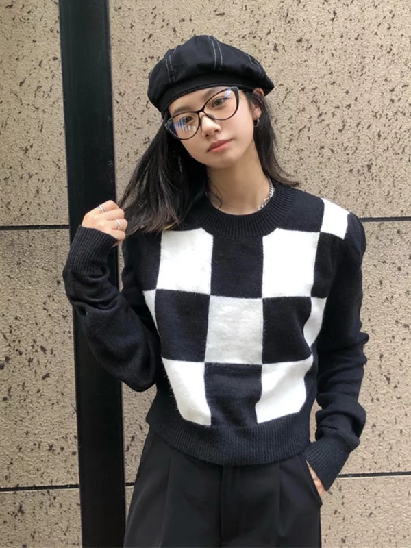 Y2K Aesthetic Plaid Jumper: Vintage Cropped Sweater for Women