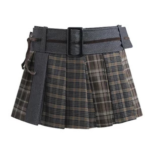 Y2K Aesthetic Plaid Mini Skirt with Belt - Korean Preppy Style Gyaru Harajuku Fashion Streetwear