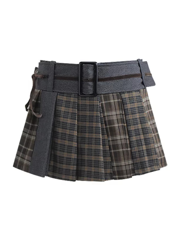 Y2K Aesthetic Plaid Mini Skirt with Belt - Korean Preppy Style Gyaru Harajuku Fashion Streetwear