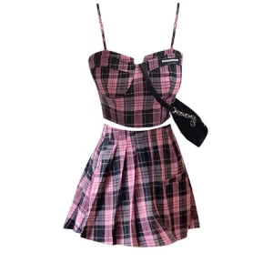 Y2K Aesthetic Plaid Rave Night Club Outfit Set - Coquette Camisole + Mini Skirt