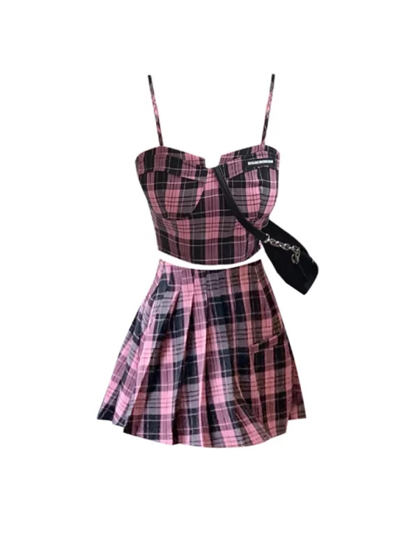 Y2K Aesthetic Plaid Rave Night Club Outfit Set - Coquette Camisole + Mini Skirt