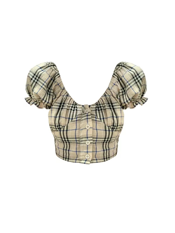 Y2K Aesthetic Plaid Shirt: French Vintage Summer Women's Short Sleeve Blouse