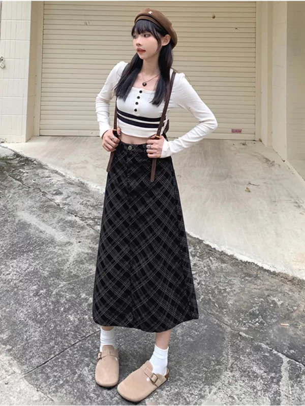 Y2K Aesthetic Plaid Skirt - Preppy Style High Waist Midi for Women