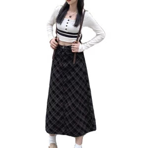 Y2K Aesthetic Plaid Skirt - Preppy Style High Waist Midi for Women