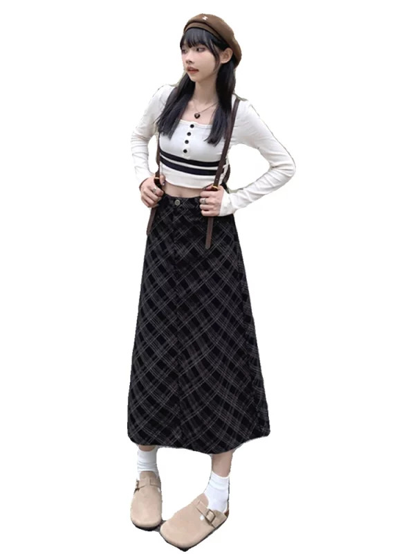 Y2K Aesthetic Plaid Skirt - Preppy Style High Waist Midi for Women