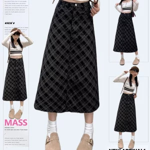 Y2K Aesthetic Plaid Skirt - Preppy Style High Waist Midi for Women