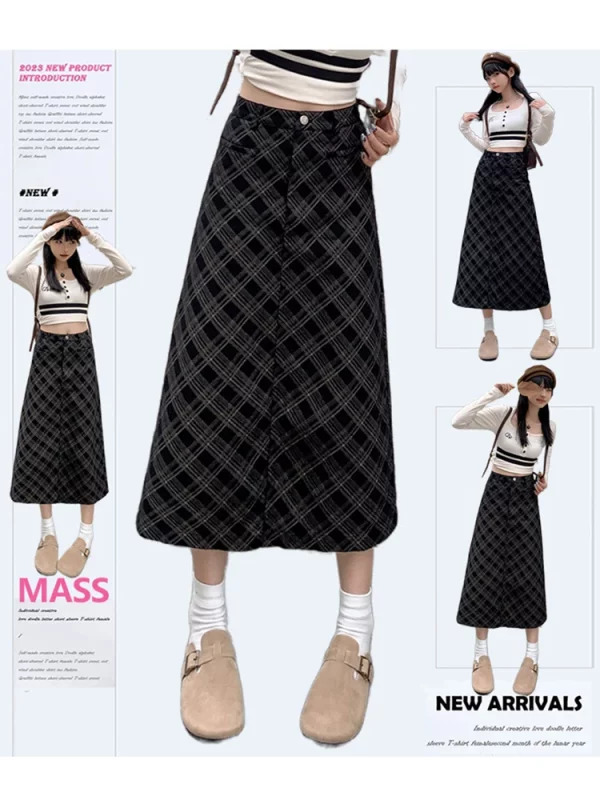 Y2K Aesthetic Plaid Skirt - Preppy Style High Waist Midi for Women