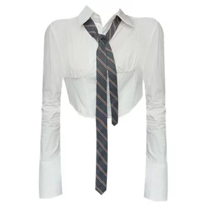 Y2K Aesthetic Preppy JK Shirt with Tie - Long Sleeve Solid Color Blouse