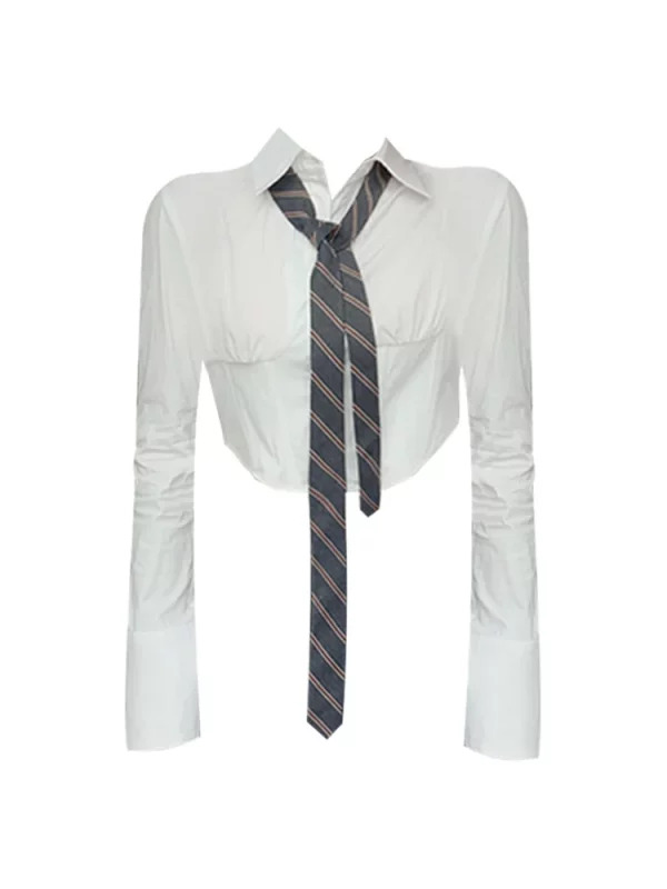 Y2K Aesthetic Preppy JK Shirt with Tie - Long Sleeve Solid Color Blouse