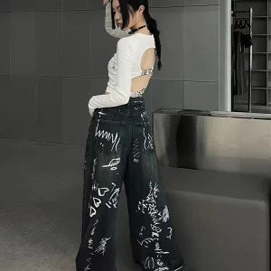 Y2K Aesthetic Punk Cyber Denim Pants - Grunge Graffiti Jeans - Streetwear Japanese Fashion - Baggy Wide