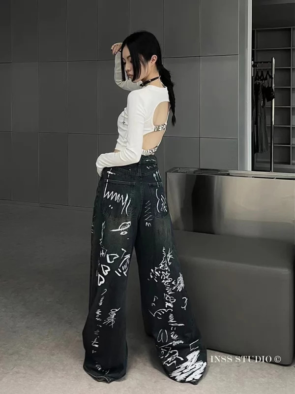 Y2K Aesthetic Punk Cyber Denim Pants - Grunge Graffiti Jeans - Streetwear Japanese Fashion - Baggy Wide