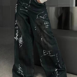 Y2K Aesthetic Punk Cyber Denim Pants - Grunge Graffiti Jeans - Streetwear Japanese Fashion - Baggy Wide