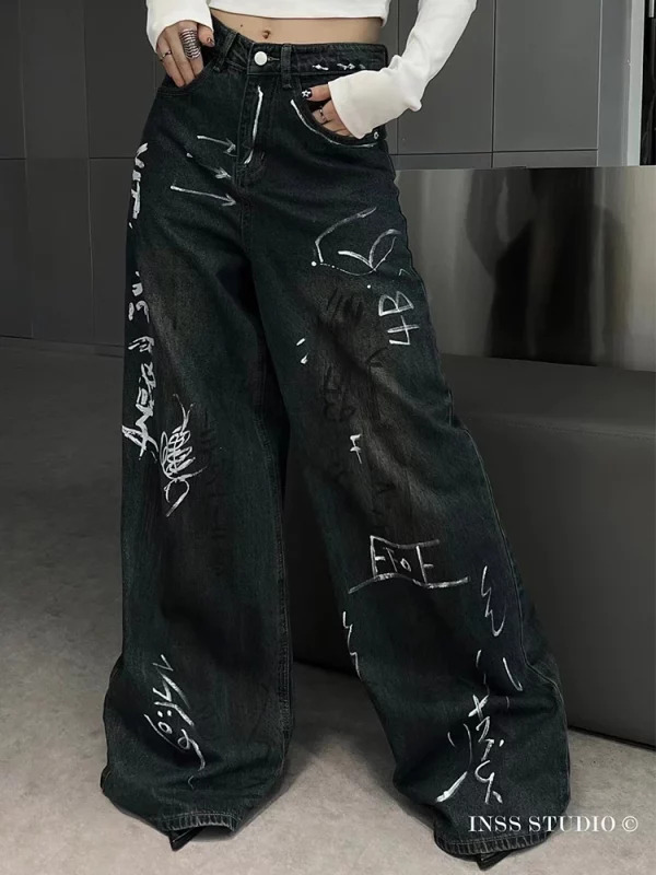 Y2K Aesthetic Punk Cyber Denim Pants - Grunge Graffiti Jeans - Streetwear Japanese Fashion - Baggy Wide