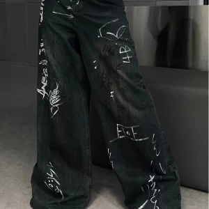 Y2K Aesthetic Punk Cyber Denim Pants - Grunge Graffiti Jeans - Streetwear Japanese Fashion - Baggy Wide