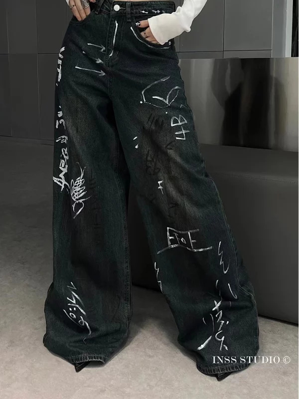 Y2K Aesthetic Punk Cyber Denim Pants - Grunge Graffiti Jeans - Streetwear Japanese Fashion - Baggy Wide