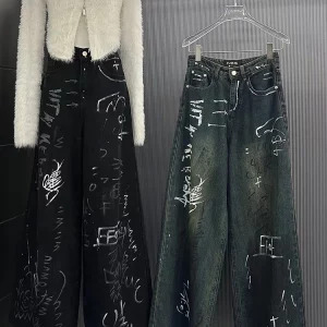 Y2K Aesthetic Punk Cyber Denim Pants - Grunge Graffiti Jeans - Streetwear Japanese Fashion - Baggy Wide