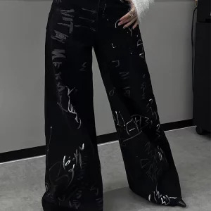 Y2K Aesthetic Punk Cyber Denim Pants - Grunge Graffiti Jeans - Streetwear Japanese Fashion - Baggy Wide