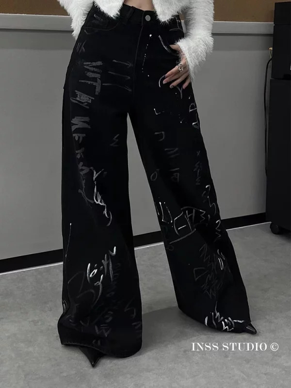 Y2K Aesthetic Punk Cyber Denim Pants - Grunge Graffiti Jeans - Streetwear Japanese Fashion - Baggy Wide