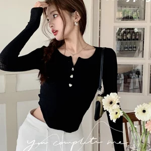 Y2K Aesthetic Solid Color Crop Top - Korean Fashion Slim Fit Long Sleeve Tee