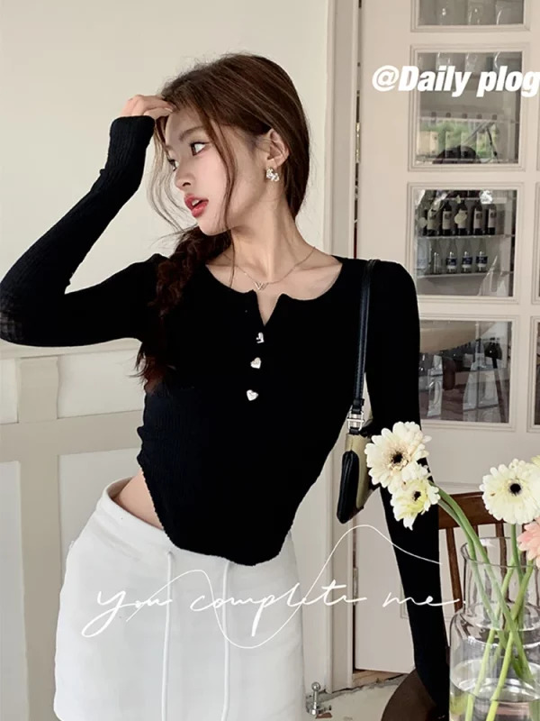 Y2K Aesthetic Solid Color Crop Top - Korean Fashion Slim Fit Long Sleeve Tee